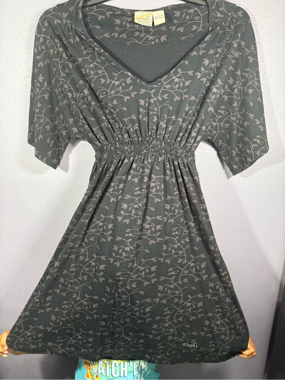 O'Neill Charcoal Floral V-Neck Smocked Waist Mini Dress